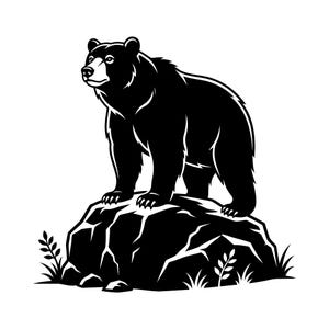 Puede incluir: Una ilustración gráfica en blanco y negro de un oso de pie sobre una roca grande y dentada. El oso se muestra de perfil, mirando hacia la izquierda, con texturas de pelaje detalladas y garras afiladas. Pequeñas briznas de hierba en la base.