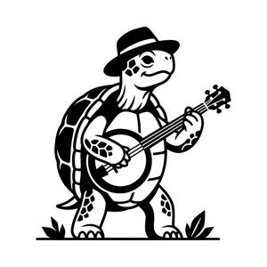 May include: A black and white graphic illustration of a turtle wearing a fedora hat. The turtle is standing upright and playing a banjo. The design features bold lines and high contrast, depicting the animal with a patterned shell and limbs.