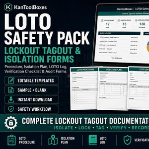 LOTO Safety Pack Excel Template | Lockout Tagout Procedure Forms, Isolation Checklist & Compliance Log