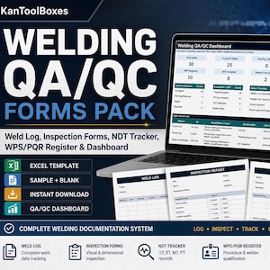May include: A digital Welding QA/QC Forms Pack featuring a laptop displaying a Welding QA/QC Dashboard, alongside printed Weld Log, Inspection Report, and NDT Record forms. The graphic includes text labels for Excel templates, instant downloads, and documentation system features.