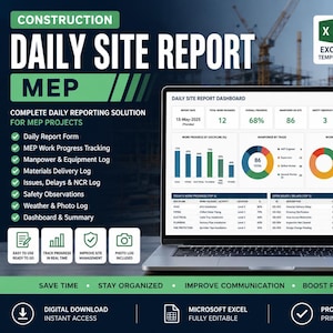 May include: A laptop displaying a Construction Daily Site Report MEP Excel template dashboard with charts, progress bars, and data tables. The screen shows project metrics, manpower logs, and work status summaries for a construction site management tool.