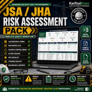 May include: A JSA/JHA risk assessment pack for Microsoft Excel featuring a dashboard on a laptop screen. The image includes a white hard hat, black glasses, a pen, and a measuring tape. Text includes JSA/JHA RISK ASSESSMENT PACK and EXCEL TEMPLATE.