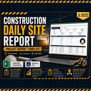 May include: A digital construction daily site report project template displayed on a laptop screen, featuring an Excel spreadsheet interface with project metrics, a hard hat, a rolled blueprint, and a yellow measuring tape on a dark background.