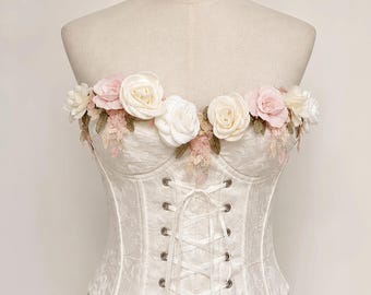 Corset en dentelle florale ivoire – Bustier de mariée romantique, appliqués de roses 3D, haut de mariée style cottagecore