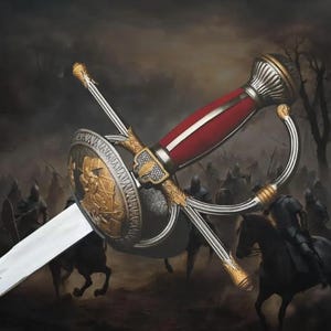 Può includere: Una spada decorativa con lama color argento e un'elsa complessa. L'impugnatura è rosso scuro con accenti metallici. Una guardia circolare mostra un rilievo color oro di una figura in armatura, completato da ornamenti in metallo argento e oro.