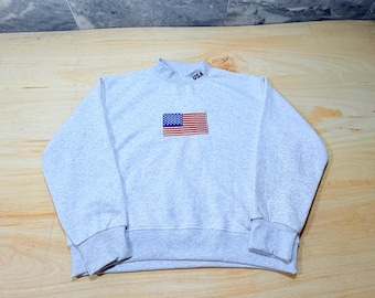 Embroidered USA Flag Mockneck Sweatshirt, Patriotic Heather Gray Pullover