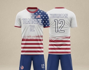 Customized Kids USA Soccer Uniform Set, Red White Jersey and Shorts, Polyester Kit