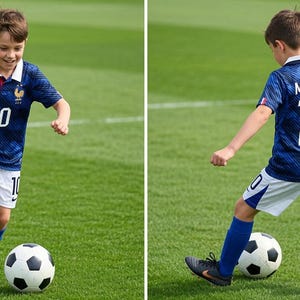 Puede incluir: Una camiseta de f&uacute;tbol azul oscuro con cuello blanco, el n&uacute;mero 10 y el emblema del equipo franc&eacute;s, combinada con pantalones cortos blancos con el n&uacute;mero 10 y calcetines azules. La parte posterior muestra el nombre MBAPPE y el n&uacute;mero 10.