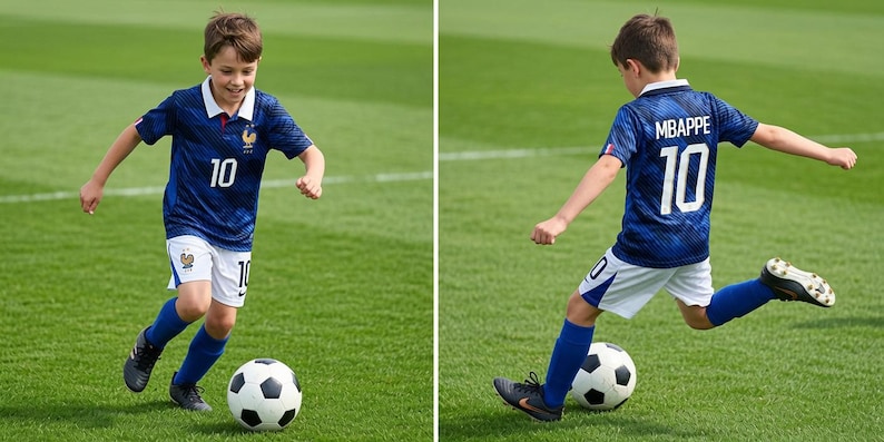 Puede incluir: Una camiseta de f&uacute;tbol azul oscuro con cuello blanco, el n&uacute;mero 10 y el emblema del equipo franc&eacute;s, combinada con pantalones cortos blancos con el n&uacute;mero 10 y calcetines azules. La parte posterior muestra el nombre MBAPPE y el n&uacute;mero 10.