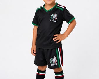 Customized Kid's Retro Mexico Soccer Uniform, Black Jersey and Shorts Set