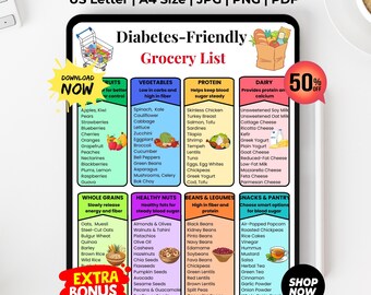 Diabetes Grocery List + Free Diabetes Plate Chart, Diabetes Food List, Low Glycemic Food Grocery List, Diabetic Food Chart, Instant Download