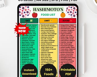 Hashimoto's Lebensmittelliste zum ausdrucken, Hashimoto-Diät-Lebensmittelkarte, Autoimmune Schilddrüsen-Diät-Karte, Eat Limit Vermeiden Sie Lebensmittel, Schilddrüse Sichere Lebensmittelliste