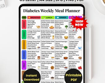 Diätetiker Essensplaner Printable | Low Sugar Weekly Diet Guide | 7-Tage-Mahlzeitplan für Diabetiker | Blutzuckerfreundlicher Diät-Plan