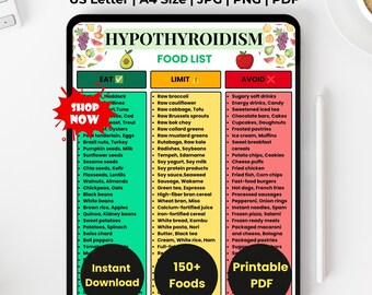 Hypothyreose Lebensmittelliste zum ausdrucken, Lebensmittelliste der Schilddrüsendiät, Glutenfreie Lebensmittelkarte, Hashimoto-Lebensmittelgeschäftführer, 150+ Lebensmittel, Sofortdownload