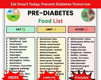 PreDiabetes Food List, Prediabetic Nutrition, Low Sugar Food Meal Plan, Prediabetes Food Chart and Grocery List, Pre Diabetic Foods To Avoid