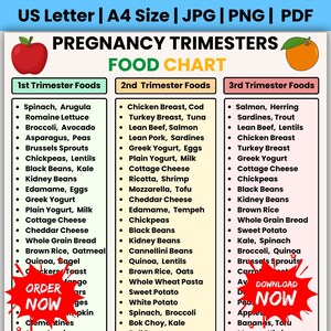May include: A digital pregnancy trimesters food chart featuring a red apple and orange illustration. The document lists recommended foods for the first, second, and third trimesters in three columns. Text includes US Letter, A4 Size, JPG, PNG, PDF, and Order Now.
