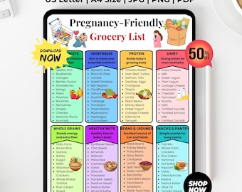 Lista de la compra imprimible para embarazadas / Tabla de nutrición prenatal / Planificador de comidas para embarazadas / Regalo para baby shower / Descarga instantánea en PDF