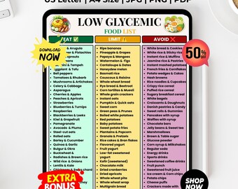 Lista imprimible de alimentos de bajo índice glucémico, tabla de alimentos de bajo índice glucémico, lista de compras para diabéticos de bajo IG, comer, limitar y evitar + tabla del plato para diabéticos GRATIS