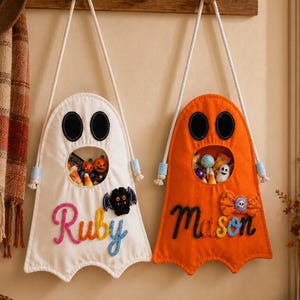 Personalized Ghost Bag, Custom Name Trick or Treat Bag, Halloween Candy Holder, Kids Boo Basket