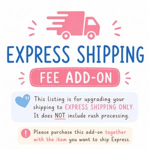 May include: A graphic featuring a pink truck icon above the blue text EXPRESS SHIPPING and a pink pill-shaped box labelled FEE ADD-ON. Below, a light blue box with a heart icon and text explaining the shipping upgrade, and a light peach box with an exclamation mark icon and instructions to purchase this add-on with the item.