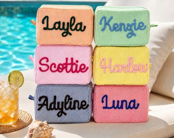 Seersucker Makeup Bag, Personalized Yarn Name Cosmetic Case, Boxy Toiletry Organizer, Bridesmaid Proposal Gift