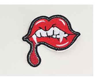 Vampire Lips Patch | Fangs and Blood Drop Embroidered Patch, Available in Several Colorways
