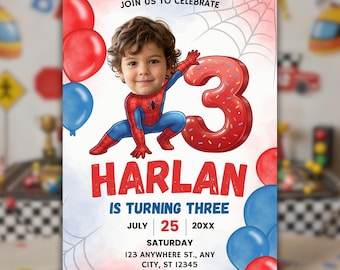 Personalized Face Spidey Invitation, Super Hero Birthday Invitation Template, 3rd Spidey Birthday Invitation, Canva Template