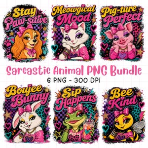 Op de afbeelding: Een digitaal grafisch pakket met zes cartoon-dieren, waaronder een hond, kat, varken, konijn, kikker en bij. Elk personage draagt een roze strik en shirt, omringd door kleurrijke harten, sterren en bliksemschichten met tekstoverlays.