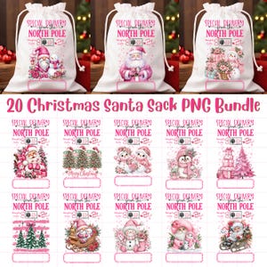 Rosa jultomtesäck PNG-paket, julklappspåsedesigner, Nordpolens jultomtepåse PNG (digital nedladdning)