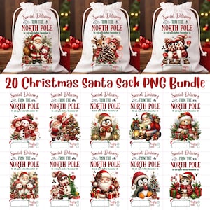 Pode incluir: Uma coleção de sacos de Pai Natal brancos com cordão e gráficos festivos. Cada saco exibe o texto Special Delivery FROM THE NORTH POLE Do not open before December 25 e inclui um espaço em branco para um nome com caixas Naughty ou Nice.