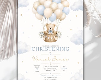 Blue Teddy Bear Christening Baptism Invitation, Editable Hot Air Balloon Invite, Baby Boy Baptism Invitation