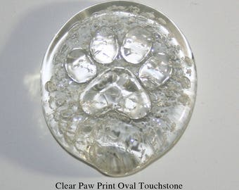 Memorial Glass Paw Print Oval Touchstone, Cremation Ashes, Pet