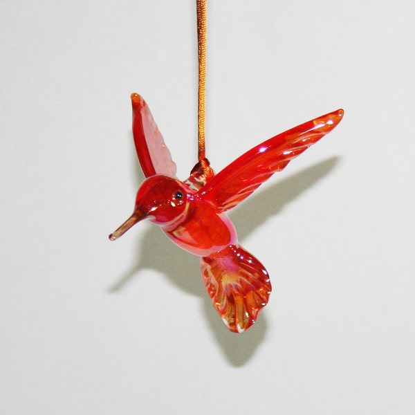 Hand Blown Glass Hummingbird Ornament/Suncatcher - Brilliant Orange