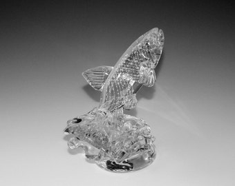 Memorial Glass Leaping Trout/Salmon on Splash, Cremation Ash, Pet, Contact Us at www.kevinfultonglass.com For Other