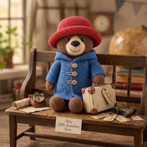 Puede incluir: Un oso de ganchillo marrón con un sombrero rojo y un abrigo azul con capucha y tres botones de madera. El oso sostiene una pequeña maleta color crema con una etiqueta que dice Little Wanderer. Un cartel indica Item: Little Wanderer Bear.