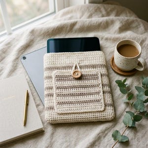 May include: A rectangular crochet tablet sleeve in cream and beige horizontal stripes, featuring a front pocket secured with a single wooden button. The sleeve is crafted with a tight stitch pattern and holds a dark gray tablet inside.
