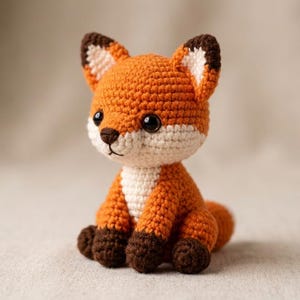 Pode incluir: Um pequeno brinquedo de raposa feito à mão em crochê, com um corpo laranja vibrante, peito e focinho brancos, e detalhes em castanho escuro nas orelhas e patas. A raposa tem olhos grandes, redondos e pretos, e um nariz bordado em castanho.