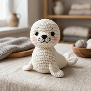 Puede incluir: Un peluche de foca tejido a ganchillo en color crema con cabeza redonda, ojos de plástico negro, nariz y boca bordadas en negro, y suaves toques de rubor rosa en las mejillas. El cuerpo está elaborado con un patrón de punto texturizado.