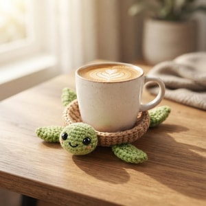 Könnte beinhalten: Eine helle Keramiktasse mit Latte-Art steht auf einem gehäkelten Schildkröten-Untersetzer. Der Untersetzer hat einen hellgrünen Kopf mit schwarzen Augen und rosa Wangen, eine beigefarbene Mitte und vier hellgrüne Flossen, die nach außen ragen.