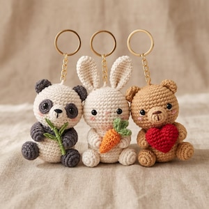 May include: Three crochet keychains featuring a panda holding a green bamboo stalk, a white rabbit holding an orange carrot, and a brown bear holding a red heart. Each figure has black eyes, pink cheeks, and is attached to a gold-toned metal ring.
