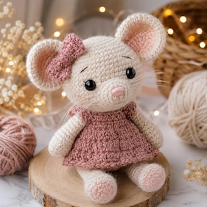 Pode incluir: Um brinquedo de rato em crochê feito de fio cor de creme, com grandes orelhas arredondadas com centros cor-de-rosa, um pequeno nariz rosa e olhos de contas pretas. O rato usa um vestido de crochê em tom rosa antigo e um laço a combinar.