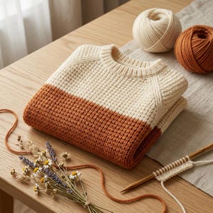 May include: A colour-blocked knit jumper featuring a cream-coloured upper section and a rust-orange lower section. The garment has a ribbed crew neckline and a textured waffle-stitch pattern throughout, accompanied by two yarn balls and needles.