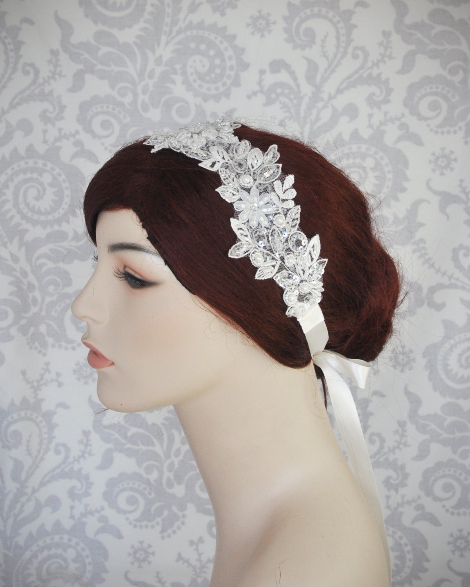 Bridal Lace Headpiece Wedding Headband With Satin Ribbon Tie Etsy