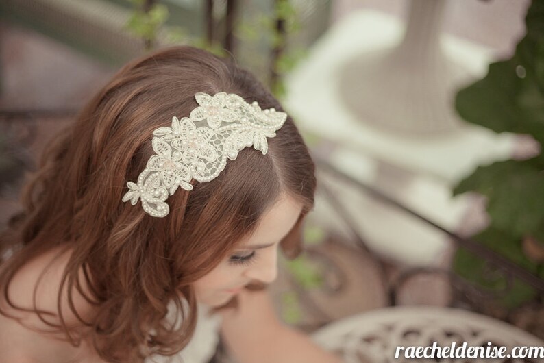 Champagne Lace Headband - Hand Beaded Swarovski pearls and Swarovski crystals. Ivory, White Lace hairpiece. - 102HB 