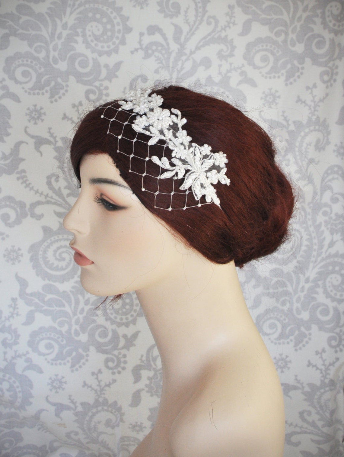 Lace Bridal Headband With Birdcage Veil Bridal Headpiece Etsy
