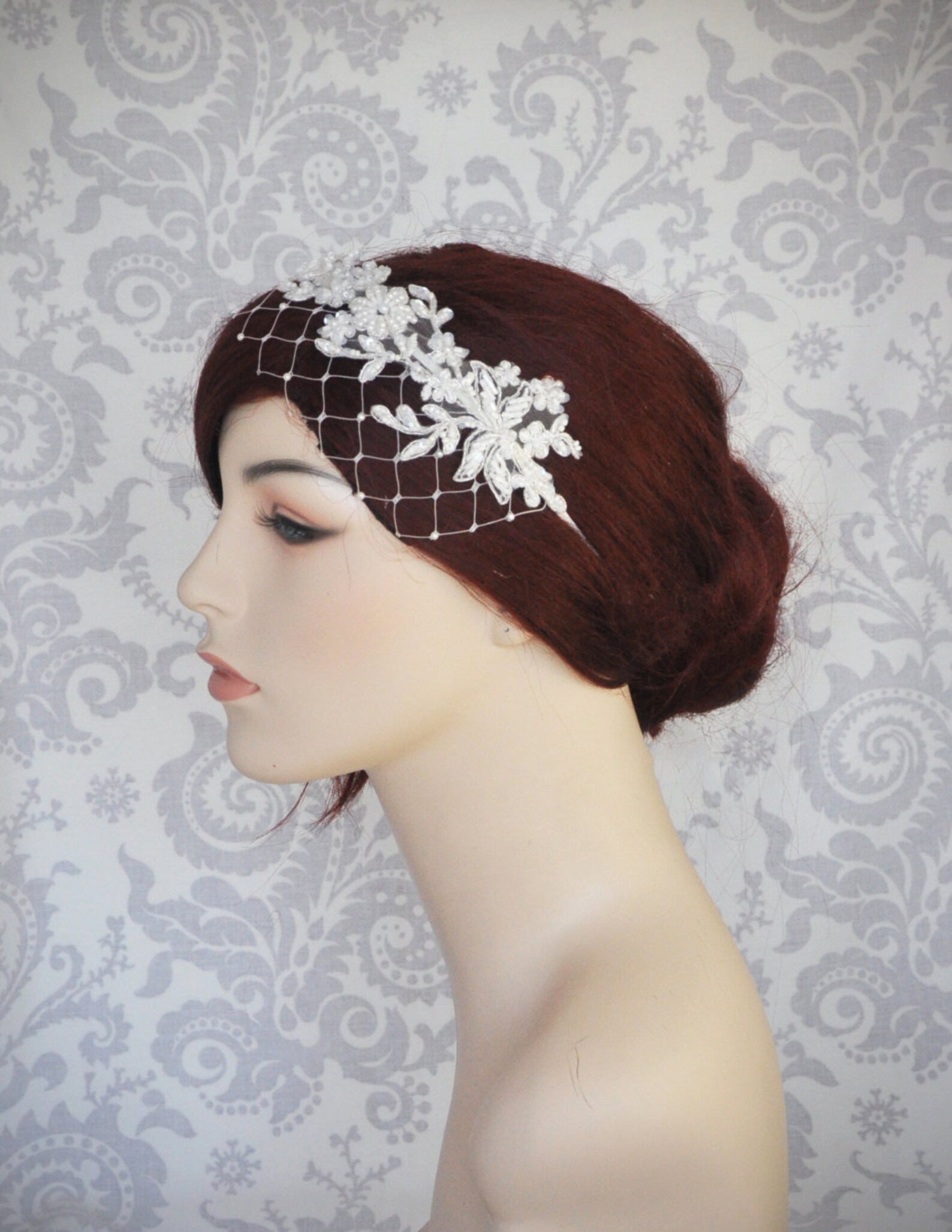 Lace Bridal Headband With Birdcage Veil Bridal Headpiece Etsy