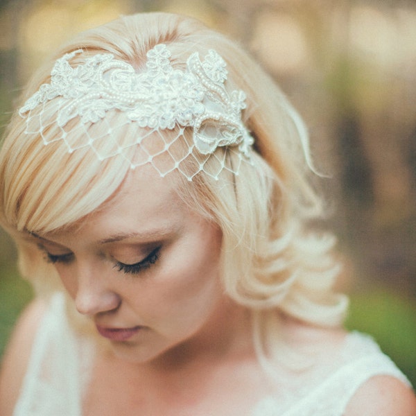 Birdcage Veil, Ivory English Net, Merry Widow Veiling, Bridal Birdcage Veil Headband, Wide Net Veil, Lace Headband Veil, Pearl Lace - 109BC