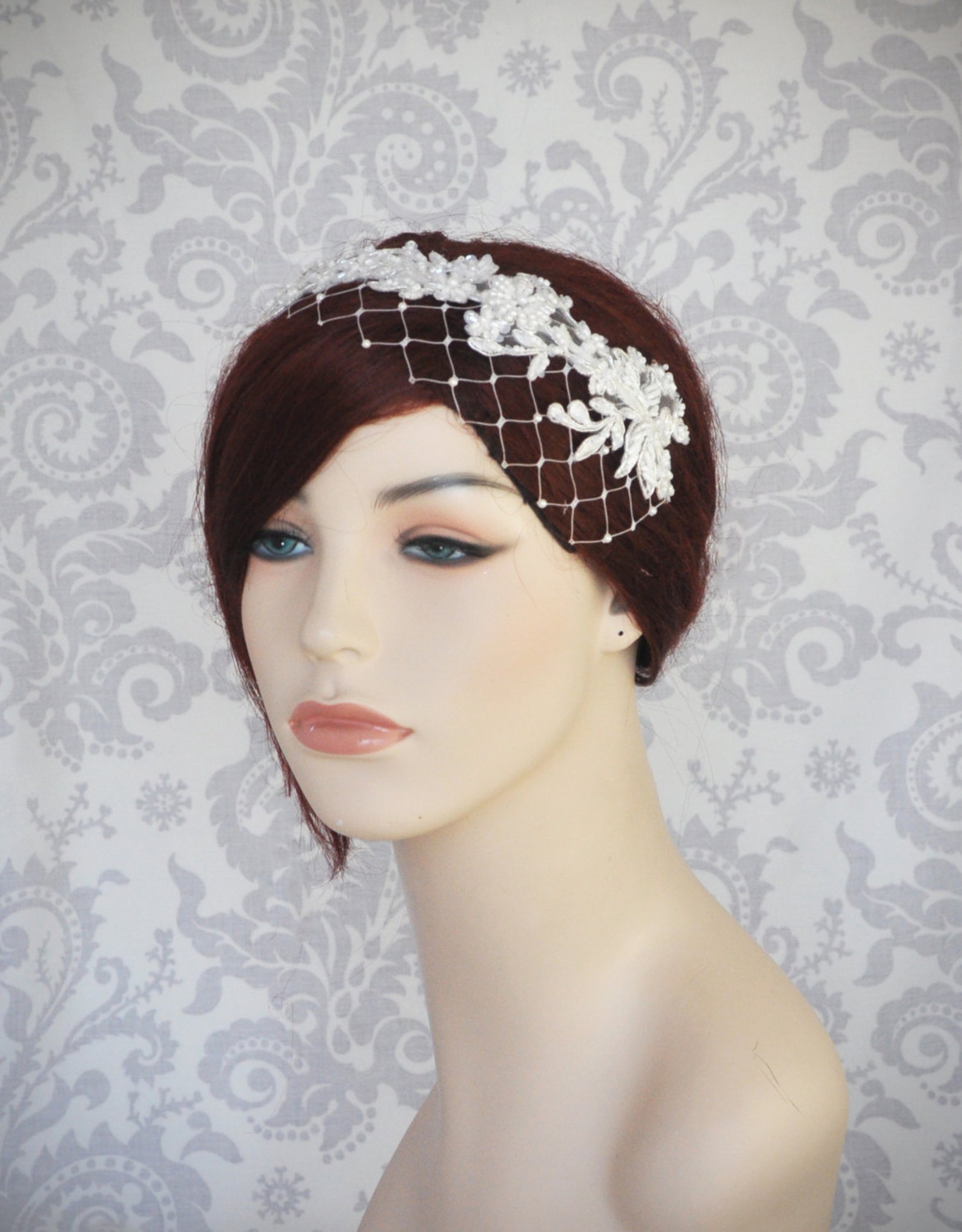 Lace Bridal Headband With Birdcage Veil Bridal Headpiece Etsy