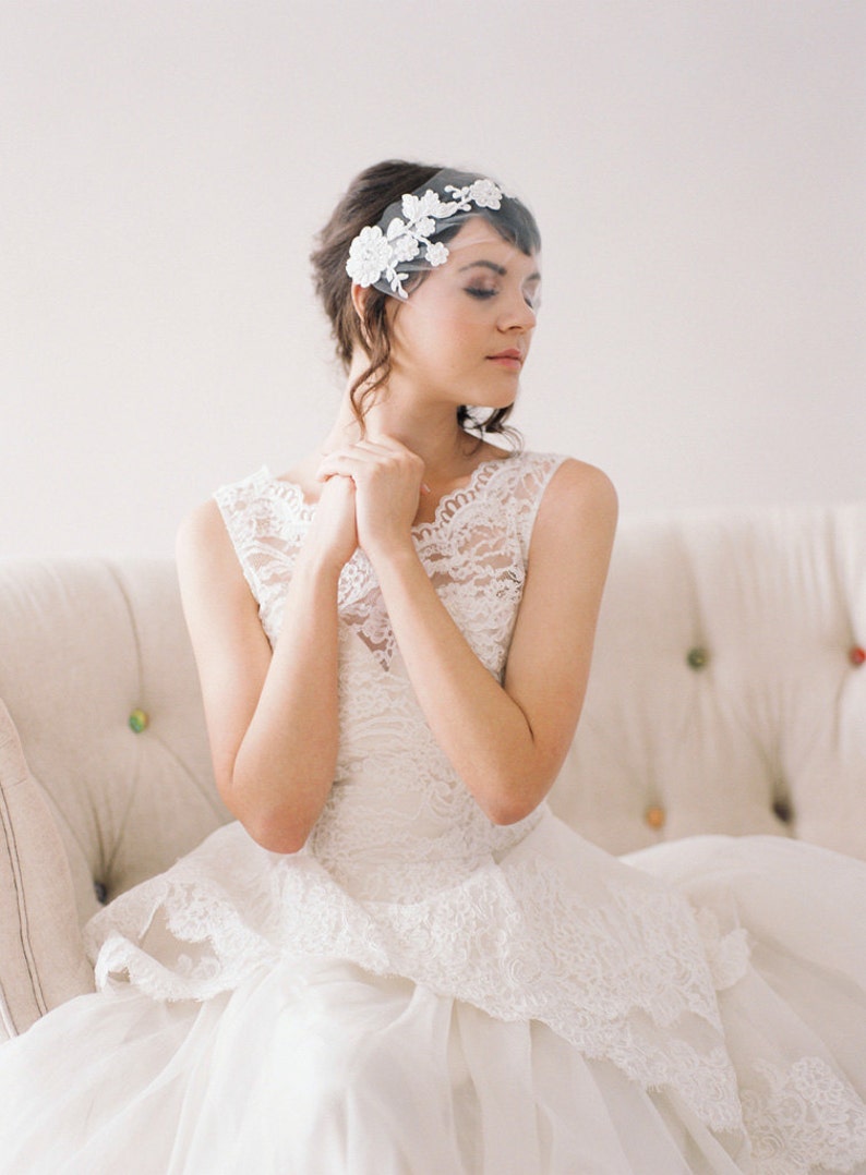 Tulle Birdcage Veil With Lace Tulle Bandeau Veil With Beaded - Etsy