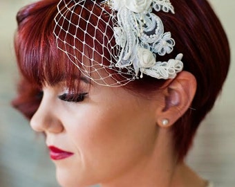 Birdcage Veil - Detachable, Headband Veil with french netting lace and silk rosettes - ivory, white, silver, champagne - 102BC